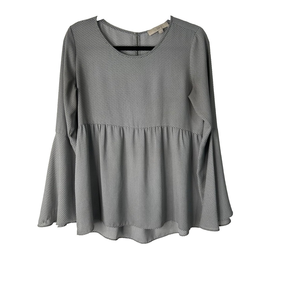Loft Peplum Blouse Size XS Gray Geometric Circle Printed Flowy Bell Sleeve Boho